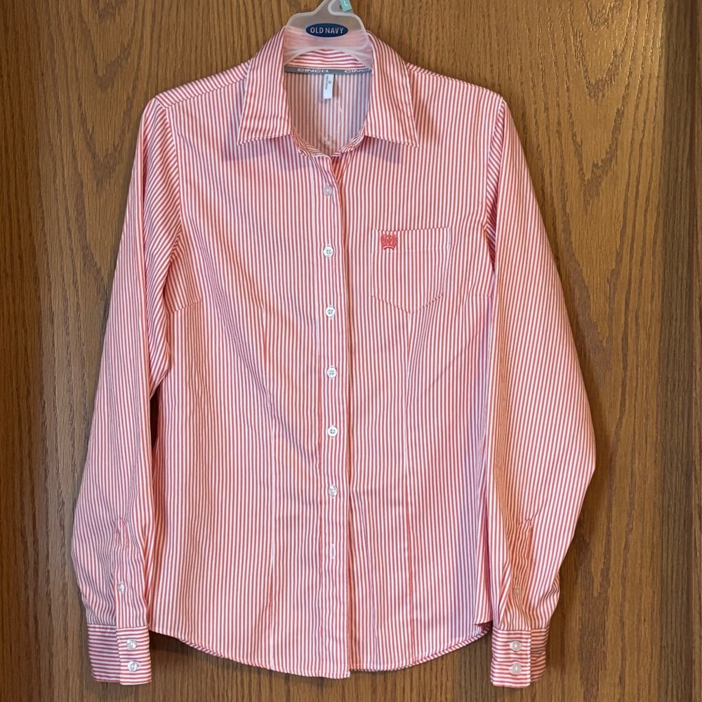 CINCH coral/white striped button down shirt ladies medium worn once